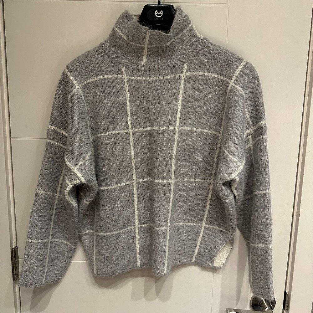 Grey & White Grid Comfy Fuzzy Mock Neck Sweater